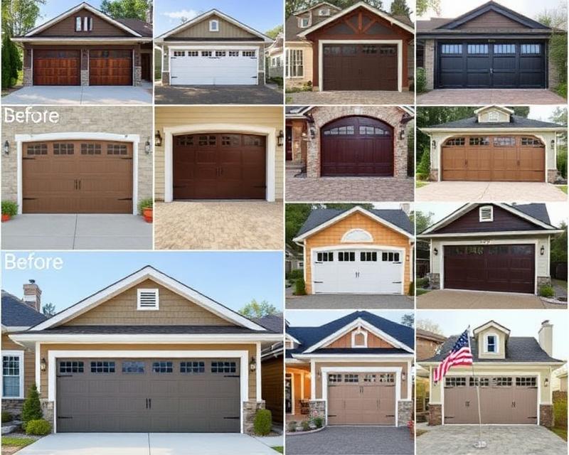 Gallery of garage door installations by Norfolk Garage Doors showing various styles including carriage house and modern designs
